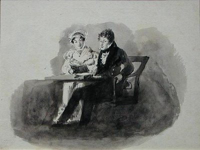 読書する男と女（紙にペンとインクのウォッシュ） 作： John Harden