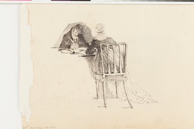 テーブルで書く男女（紙にペンとインク） 作： John Harden