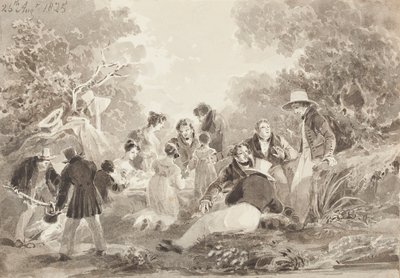湖のそばのピクニック、1825年（紙にトイレ） 作： John Harden