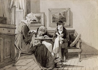 ジェシーハーデン、オーエンロイド牧師、H。アルマックを描いたブラセイホールの社交インテリア、c.1827（紙にインクとウォッシュ） 作： John Harden