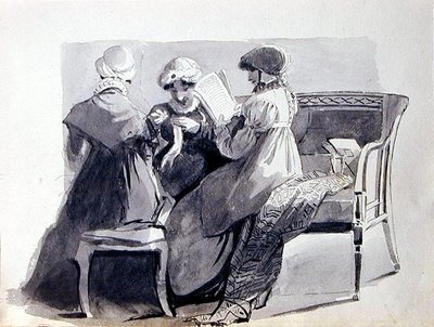 ソファに座る3人の女性（紙にペンとインクのウォッシュ） 作： John Harden