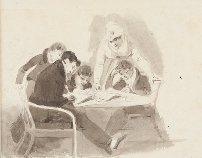 宿題をしている2人の男の子、1811年（紙にトイレ） 作： John Harden