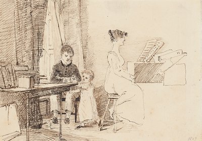 ピアノを弾く2人の子供と女性、1807年 作： John Harden