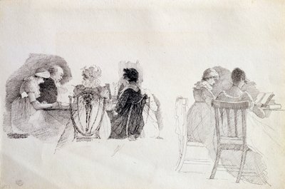 2つの着席グループ（紙にペンとインク）（143939も参照） 作： John Harden