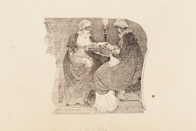 ランプライトで読む2人の女性、1804年（紙にペンとインク） 作： John Harden