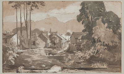 1812年に東からアンブルサイドを見る（紙にトイレ） 作： John Harden
