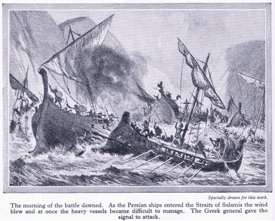 サラミスの戦い：ペルシャの船がサラミスの海峡に入ったとき、風が吹いて、それらを管理することが困難になりました、c.1950 作： John Harris Valda