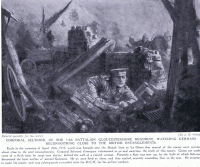 1915年4月にルギアでイギリス人のもつれに迫ったドイツ人の偵察を見守ったセルウッド伍長はDCMで勝利 作： John Harris Valda