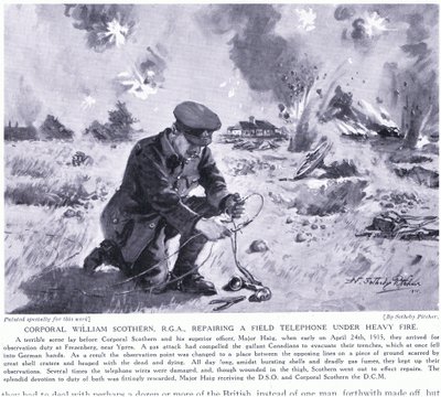 1915年5月、大規模な火災の下でフィールド電話を修理しているウィリアムスコザーンRGA伍長がDCM Ypresを授与されました 作： John Harris Valda