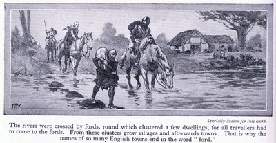 中世のイギリス。川は、いくつかの住居や村が集まったフォードによって交差されました、c.1950 作： John Harris Valda