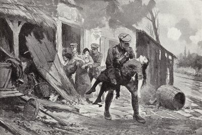砲撃されていた農家、第一次世界大戦から負傷した女性を安全に運ぶガンナーJラファティー 作： John Harris Valda