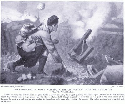 ヌーヴシャペルで大火事の際に塹壕迫撃砲を使用しているランスコーポラルPマクニー 作： John Harris Valda