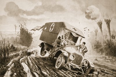 火事の最中に砲弾の穴に突入していたモーター救急車で負傷者の助けを求める民間のアダム 作： John Harris Valda