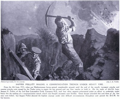 1915年6月、ガリポリ半島で大火事のもとでコミュニケーショントレンチを作るサッパーポリット 作： John Harris Valda