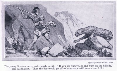 若いスパルタ人は食べるのに十分でした。彼らは狩りのために丘に送られました、1950年頃 作： John Harris Valda