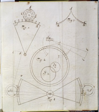 タイムキーパーの動きの図（紙にペンとインク） 作： John Harrison