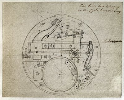 ジョン・ハリソン（1693-1776）によるH4タイムキーパーのムーブメントのレイアウトの図面、1759年頃（紙にペンとインク） 作： John Harrison
