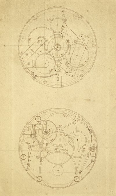 ジョンハリソンによって設計および描かれた経度計時装置H.4のムーブメント、c.1760-72（紙にインク） 作： John Harrison