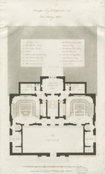 スタッフォード-シャイアホールの主階の計画：彫刻、nd [1794-1798]（印刷） 作： John Harvey