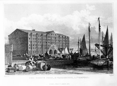 デュークのドックと倉庫、リバプール、トーマスハイアムの彫刻、1829年（彫刻） 作： John Harwood