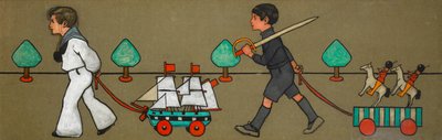「おもちゃを持った子供たちのパレード」フリーズのオリジナルデザイン、1900年頃（茶色の紙にガッシュ） 作： John Hassall