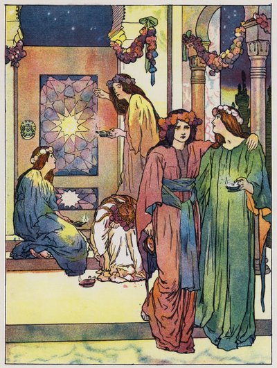 乙女たちは立ち上がり、ランプを整えます (カラーリソ) 作： John Hassall