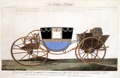 ランズダウン侯爵の安全な馬車は、画家が発明し特許を取得したもので、ロンドンのロングエーカー社（彫刻）。 作： John Hatchett