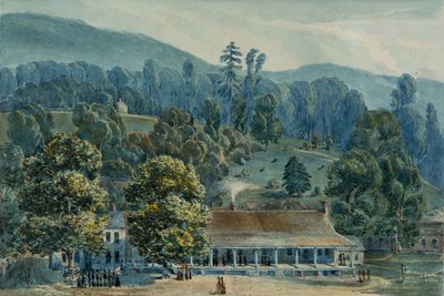 1832年、ホワイトサルファースプリングスのダイニングルームとステージオフィス。 作： John Hazelhurst Boneval Latrobe