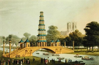 1814年の栄光の平和を記念して公園に建てられた中国の橋とパゴダ、マシュー・デュブール（fl.1785-20）による彫刻。 作： John Heaviside (after) Clark