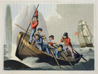 1813年にエドワードオームによって発行されたマシューデュブール（fl.1785-1820）によって彫刻された、クジラを攻撃する船のボート 作： John Heaviside Clark