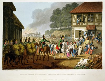 「歴史的、軍事的、海軍の逸話」、パブからマシューDubourg（fl.1813-20）によって刻まれた村を撤退し略奪するフランスの軍隊。エドワード・オーム（1774-c.1820）1816（アクアチント） 作： John Heaviside Clark