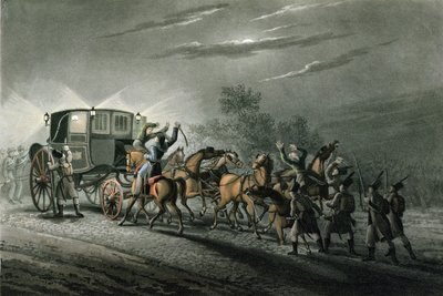 1815年6月18日、ウォータールー少佐、フォンケラー少佐によるボナパルトの馬車、紙、宝の捕獲、マシューデュブール作（fl.1813-20） 作： John Heaviside Clark