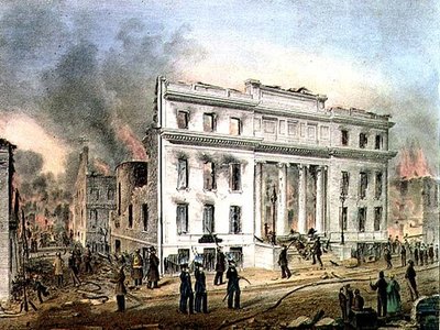 マーチャンツ・エクスチェンジ・ニューヨークの廃墟、ナサニエル・カリアー（1813-88）の彫刻、J.ディスターネルと画家によって出版された。 作： John Henry (after) Bufford