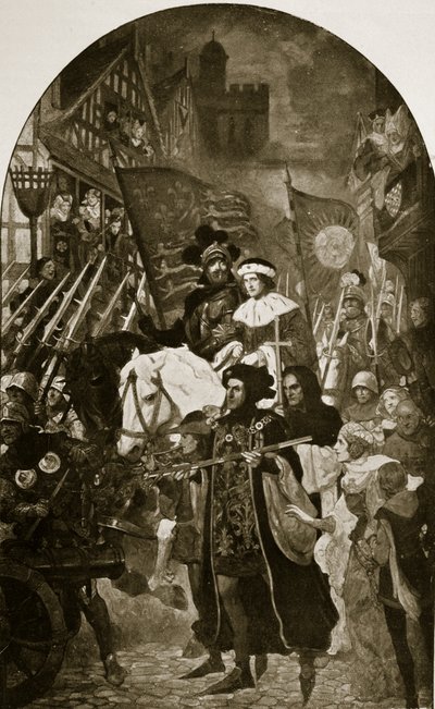 ヘンリー6世は、「ハッチンソンのイギリス国民の物語」1923年頃のイラスト、1471年のバーネットの戦いに連れて行かれます。 作： John Henry Amshewitz