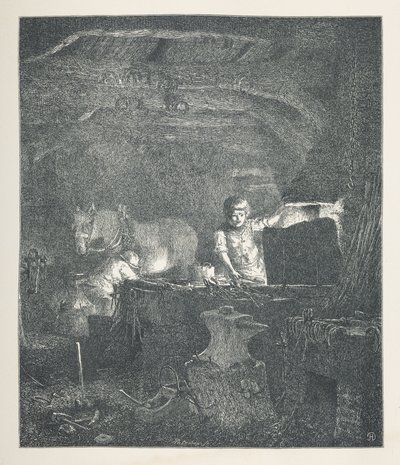 プレート 13. 鍛冶屋。  自然の写真。 J. H. Dell が木に描き、R. Paterson が彫刻した 30 点のオリジナル イラストのシリーズ。  ジョン・ヘンリー・デル 作： John Henry Dell