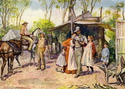 オーストラリアのブッシュで手紙を届ける（カラーリトグラフ 作： John Henry Frederick (after) Bacon