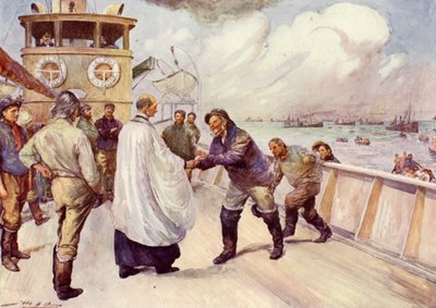 礼拝のために集合する北海の漁船団の漁師たち（カラーリトグラフ 作： John Henry Frederick (after) Bacon