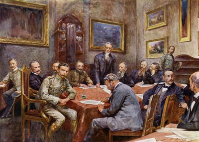 プレトリアでの講和条約調印式（カラーリトグラフ 作： John Henry Frederick (after) Bacon