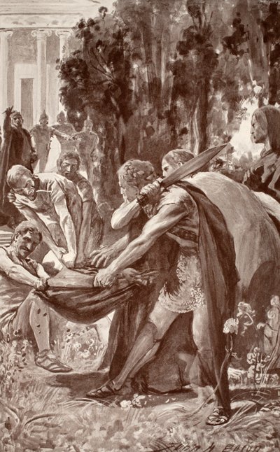 ブライアンが豚の皮を握る、チャールズスクワイアによる「ケルトの神話と伝説」のイラスト、1905年 作： John Henry Frederick Bacon