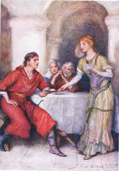Enid Waits On Geraint、Nora ChessonによるTennysonの子供向けストーリーのイラスト 作： John Henry Frederick Bacon