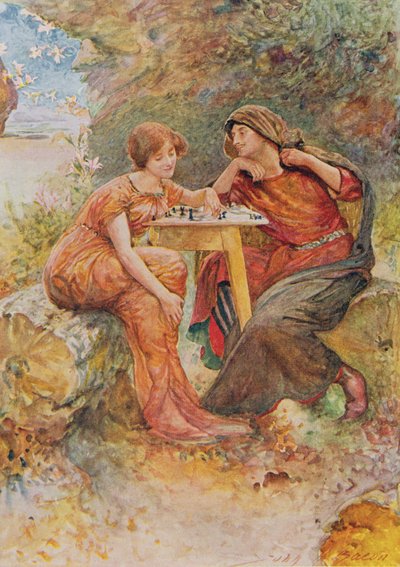 Edith Nesbit（1858-1924）pubによるシェイクスピアーの子供たちの物語のテンペストのフェルディナンドとミランダ。 Raphael Tuck＆Sons Ltd.、ロンドン（書籍のイラスト） 作： John Henry Frederick Bacon