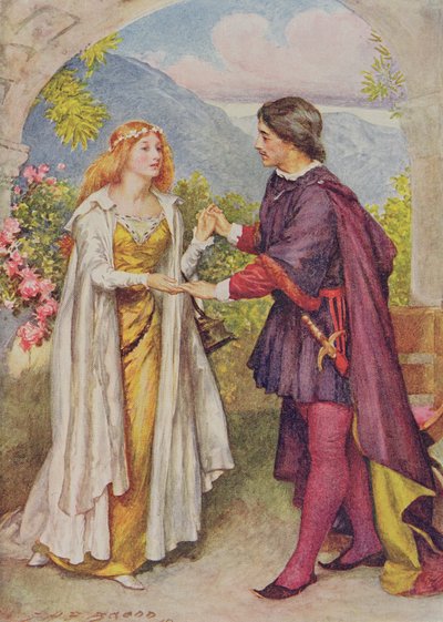 Edith Nesbit（1858-1924）pubによる「シェイクスピアの子供たちの物語」のハムレットとオフィーリア。 Raphael Tuck und Sons Ltd.、ロンドン（書籍のイラスト） 作： John Henry Frederick Bacon