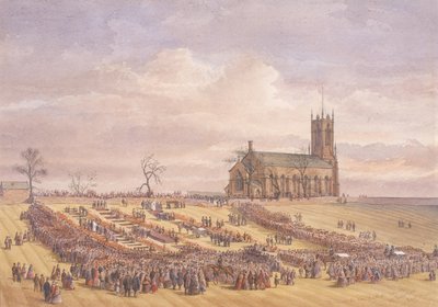 1862年1月26日、アーズドンチャーチヤードでのハートレー衝突事故の犠牲者の埋葬（水彩、紙） 作： John Henry Leonard