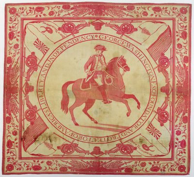 馬に乗ったジョージワシントン（1732-99）、1777-89（綿）を描いたハンカチ 作： John Hewson