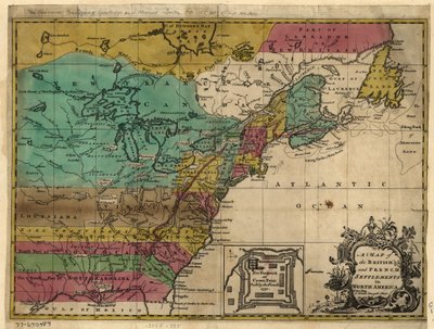 北アメリカにおけるイギリスとフランスの入植地の地図。LOC 77690484 作： ジョン・ヒントン