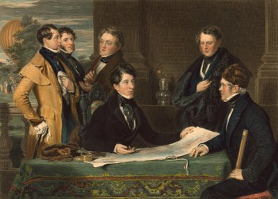 1836年11月7日のパブでロンドンからナッソーのウェルバーグまで空中航海する前の協議。 1843 作： John Hollins