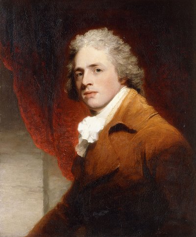 茶色と白のストック、後ろの赤いカーテンに身を包んだ紳士の半身像 作： John Hoppner