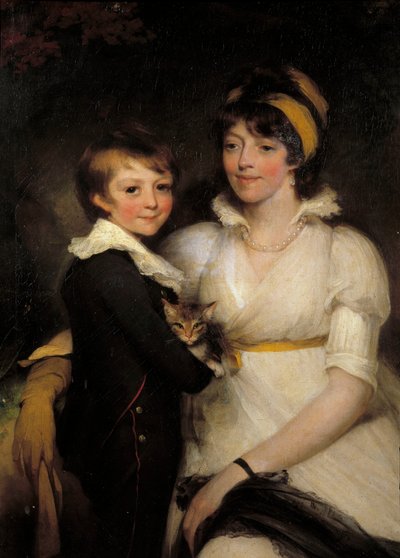 猫を抱く若い女性と少年 ジョン・ホップナー（1758-1810）の絵画 作： John Hoppner