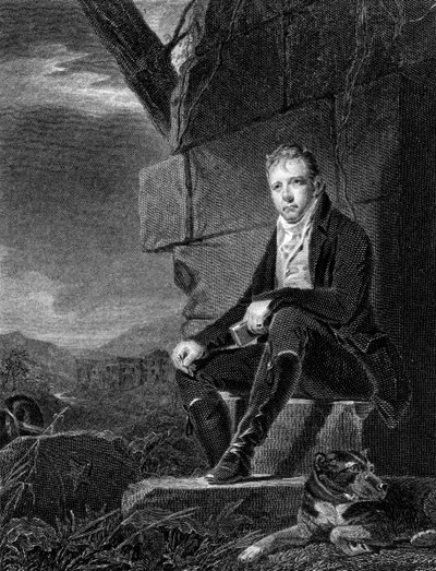 スコットランドの詩人で小説家のウォルタースコットが石の上に座って犬を連れて1808 作： John Horsburgh