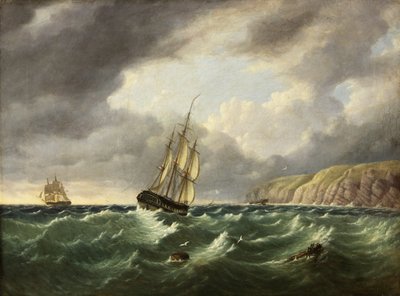 2隻の船と崖のある海景 作： John I. Harvey